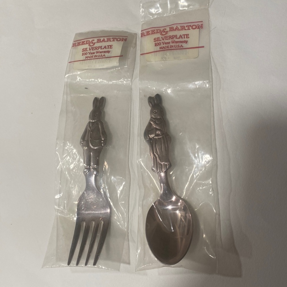NEW Vintage Reed & Barton Mr. & Mrs. Bunny Rabbit Baby Child Fork Spoon Set
